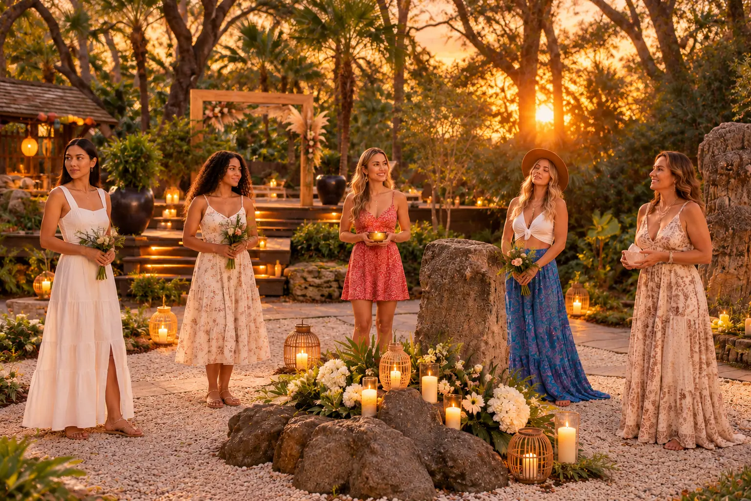 Five women in summer dresses gathered around a candle and flower altar in a tropical garden at sunset