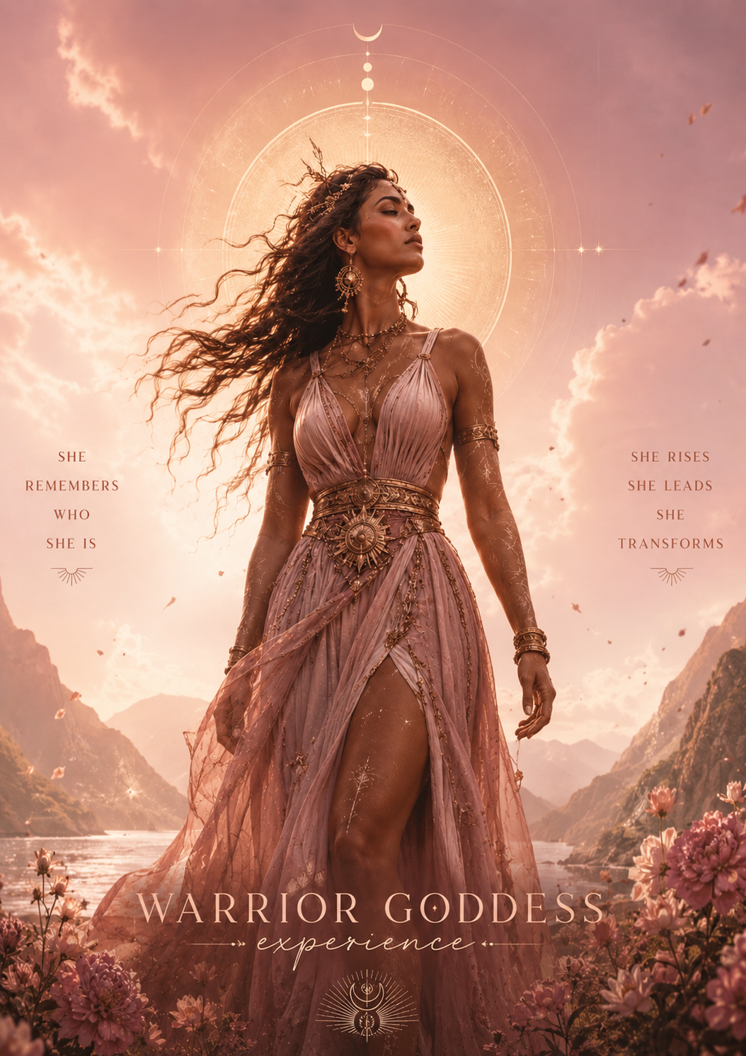 A woman in a flowing blush gown with a golden sunburst belt and a radiant halo, standing among pink blossoms above a mountain lake at sunset